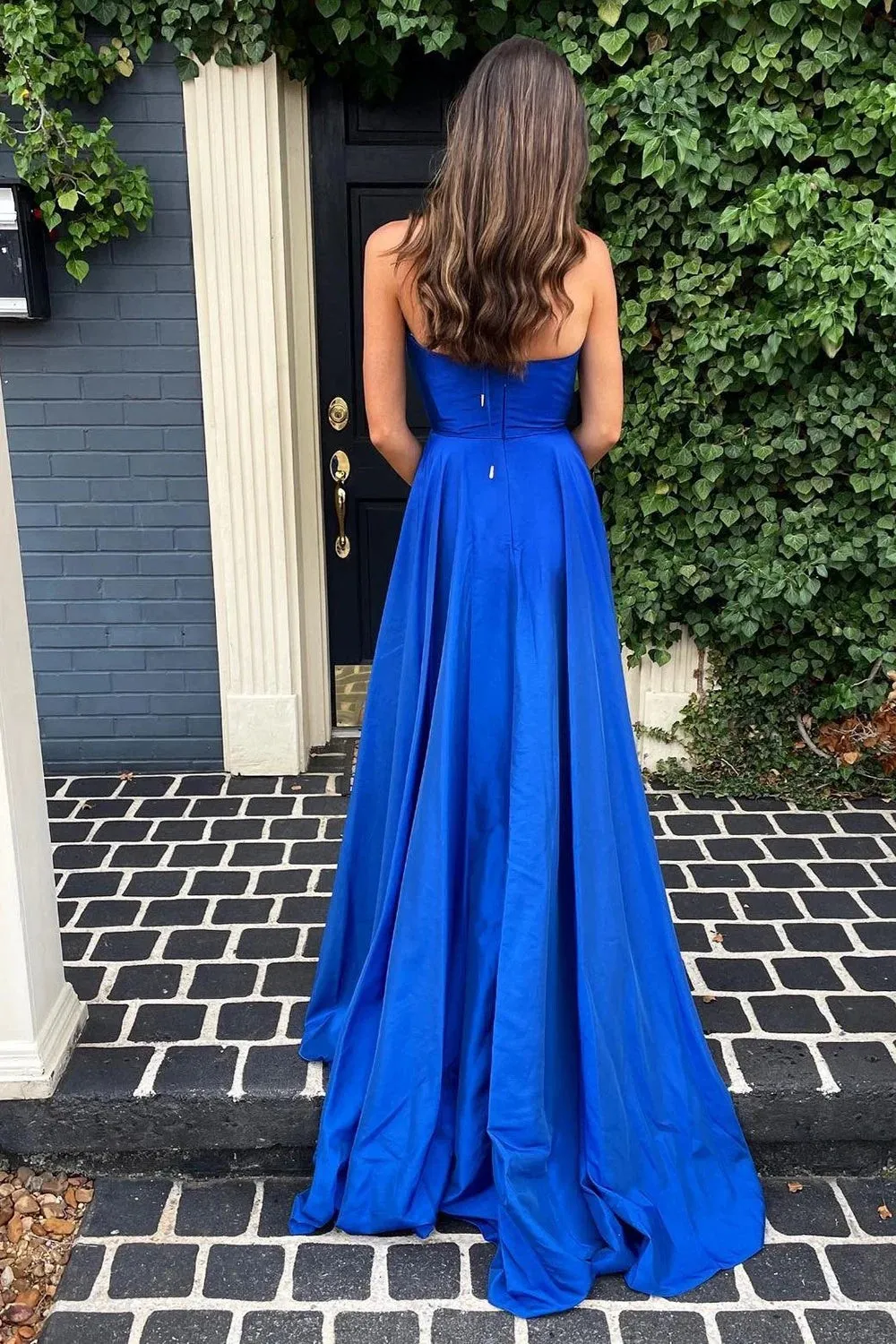 Simple A Line Deep V Neck Royal Blue Long Prom Dress with Split TP1249