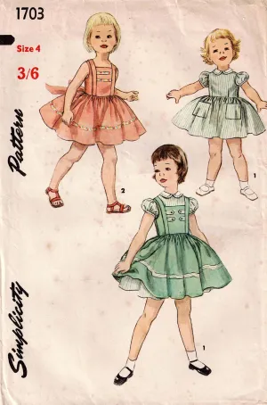 Simplicity 1703 Toddler Girls Full Skirt Rockabilly Party Dress 1950s Vintage Sewing Pattern Size 4