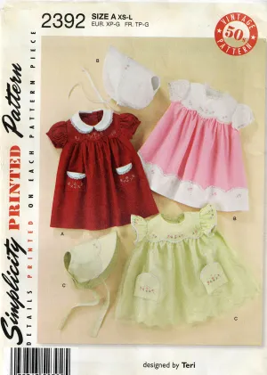 Simplicity 2392 Traditional Baby Dress & Bonnet with Embroidery Reissued 1950s Vintage Sewing Pattern Size Newborn - 18 Months UNCUT Factory Folded