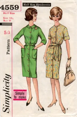 Simplicity 4559 Womens Half Size Shirtdress 1960s Vintage Sewing Pattern Size Bust 35 or 39 inches