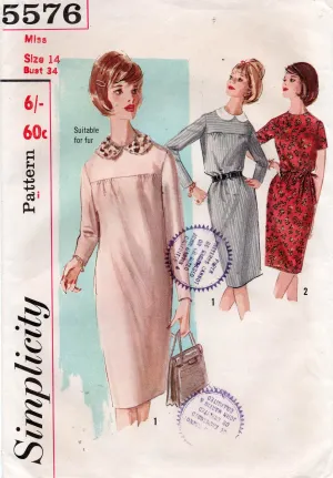 Simplicity 5576 Womens Shift Dress with Detachable Collar 1960s Vintage Sewing Pattern Size 14 Bust 34 inches