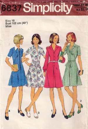 Simplicity 6837 Womens Fit & Flared Shirtdress 1970s Vintage Sewing Pattern Size 18 Bust 40 Inches