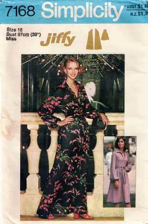 Simplicity 7168 Womens JIFFY Wide Collar Flared Dress or Maxi Dress 1970s Vintage Sewing Pattern Size 16 Bust 38 Inches UNCUT Factory Folded