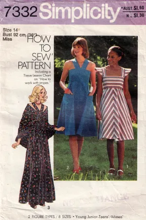Simplicity 7332 Womens Empire Waisted Sundress Maxi Dress & Shawl 1970s Vintage Sewing Pattern Size 14 Bust 36 inches