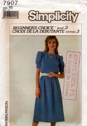 Simplicity 7907 Womens EASY Tucked Sleeve Dress 1980s Vintage Sewing Pattern Size 16 UNCUT Factory Folded