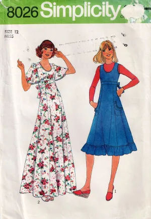 Simplicity 8026 Womens Flutter Sleeved Maxi Dress & High Waisted Ruffled Jumper Dress 1970s Vintage Sewing Pattern Size 12 Bust 34 inches UNCUT Factory Folded