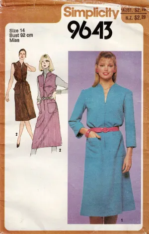 Simplicity 9643 Womens Funnel Neck Zip Front Dress or Pinafore 1980s Vintage Sewing Pattern Size 14 Bust 36 inches UNCUT Factory Folded