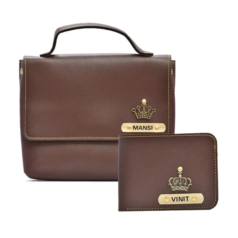 Sling Bag & Men's Wallet & Personalised Couple Rainbow Classic WaterBottle - Brown