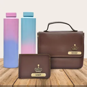 Sling Bag & Men's Wallet & Personalised Couple Rainbow Classic WaterBottle - Brown
