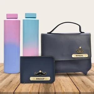 Sling Bag & Men's Wallet & Personalised Couple Rainbow Classic WaterBottle - Royal blue
