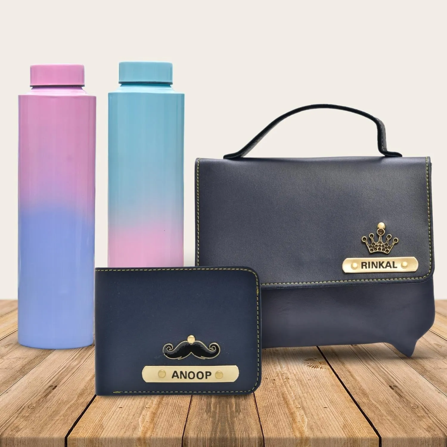 Sling Bag & Men's Wallet & Personalised Couple Rainbow Classic WaterBottle - Royal blue