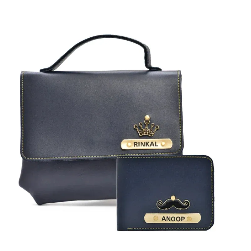 Sling Bag & Men's Wallet & Personalised Couple Rainbow Classic WaterBottle - Royal blue