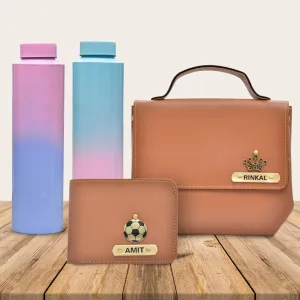 Sling Bag & Men's Wallet & Personalised Couple Rainbow Classic WaterBottle - Tan