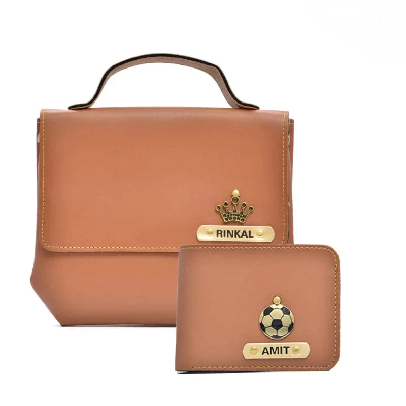 Sling Bag & Men's Wallet & Personalised Couple Rainbow Classic WaterBottle - Tan