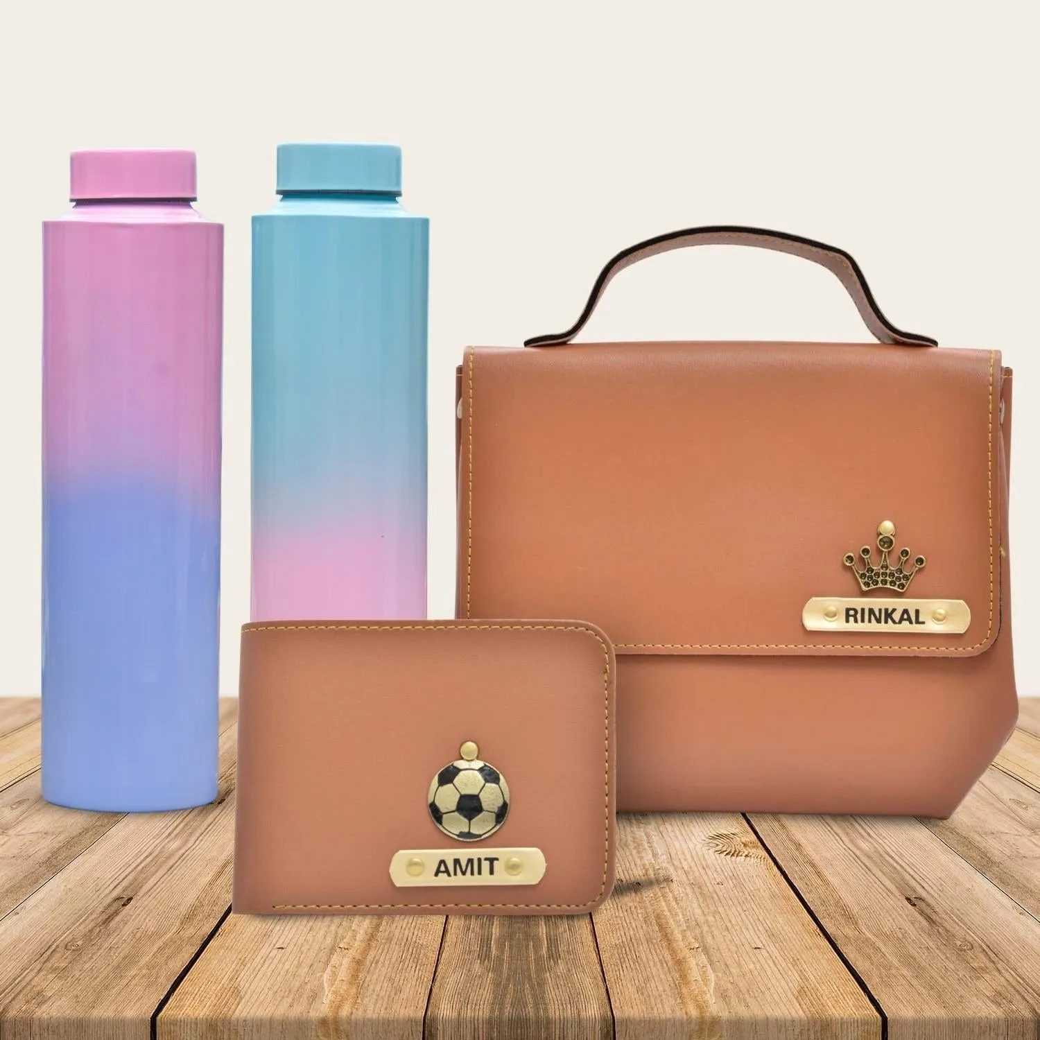 Sling Bag & Men's Wallet & Personalised Couple Rainbow Classic WaterBottle - Tan