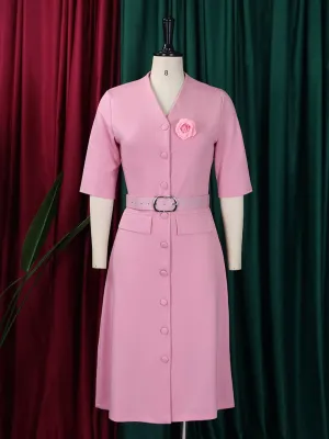 Solid Color V-Neck Button Up Vintage Elegant Midi Dress