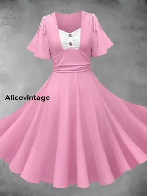 Solid Color V-Neck Short Sleeve Vintage Dress