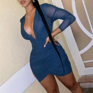 Solid Deep V-Neck Long Sleeve Sheer Mesh Ruched Dress