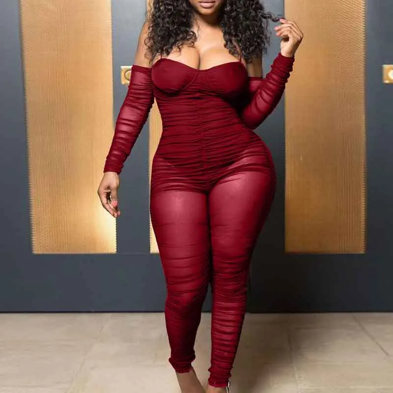 Solid Long Sleeve Off Shoulder Sheer Mesh Jumpsuit