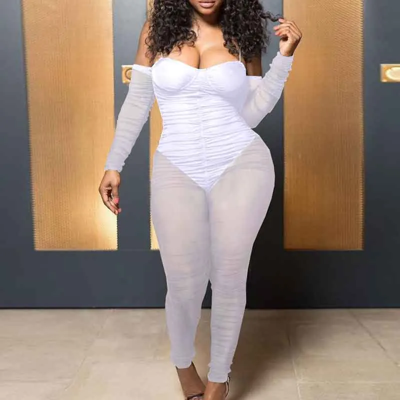 Solid Long Sleeve Off Shoulder Sheer Mesh Jumpsuit