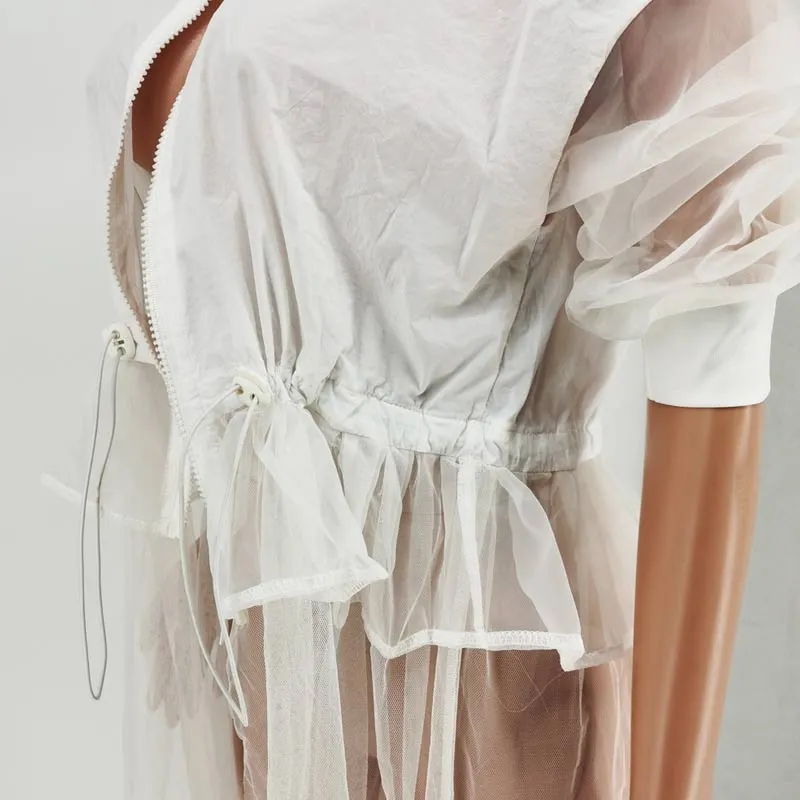 Solid Long Sleeve Zipper Design Sheer Mesh Irregular Coat