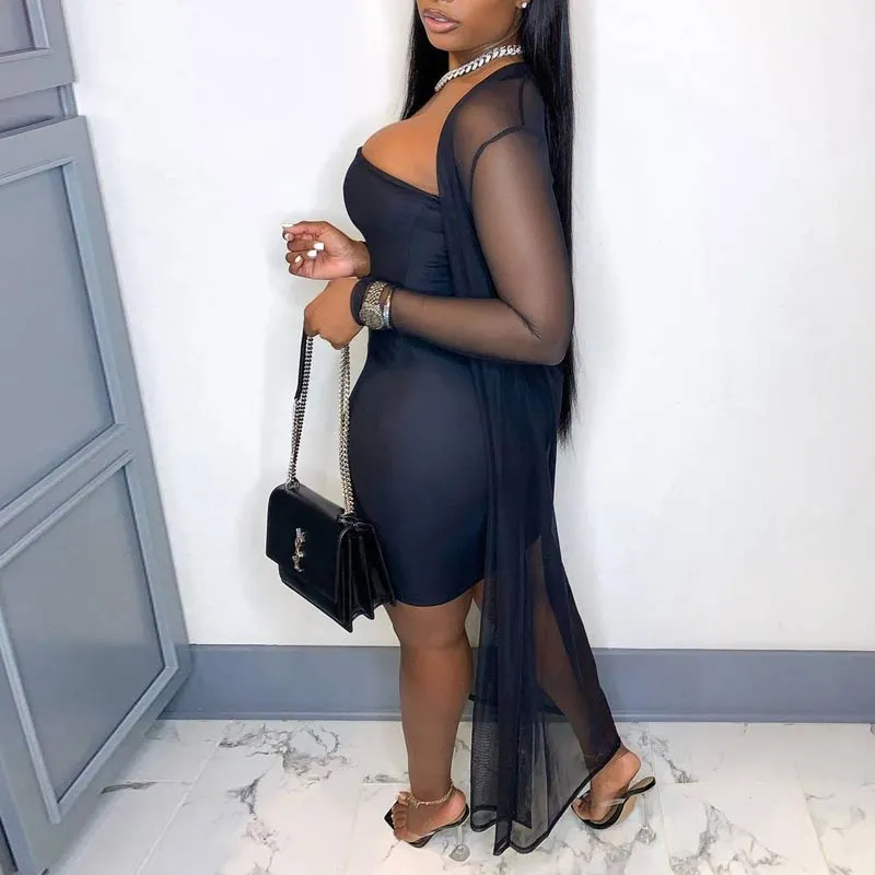 Solid Off Shoulder Sheer Mesh Dress Set