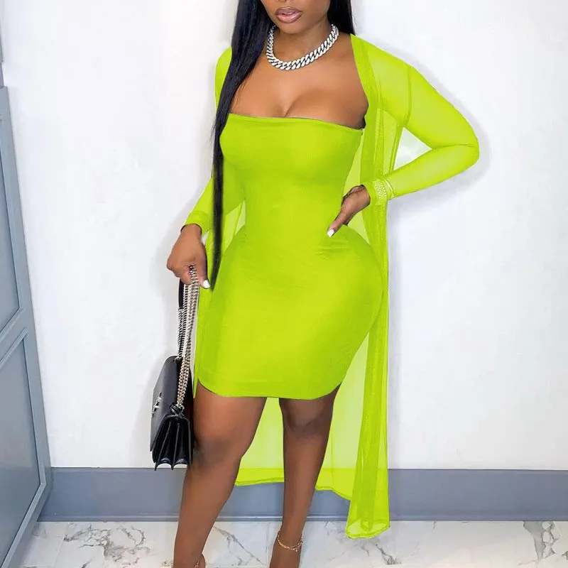 Solid Off Shoulder Sheer Mesh Dress Set