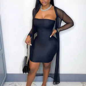 Solid Off Shoulder Sheer Mesh Dress Set