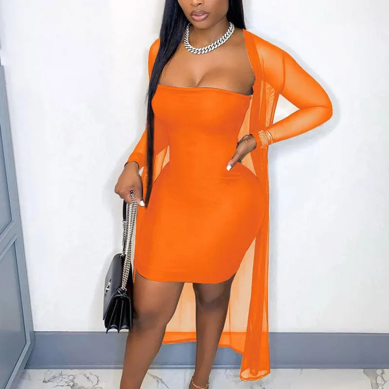 Solid Off Shoulder Sheer Mesh Dress Set
