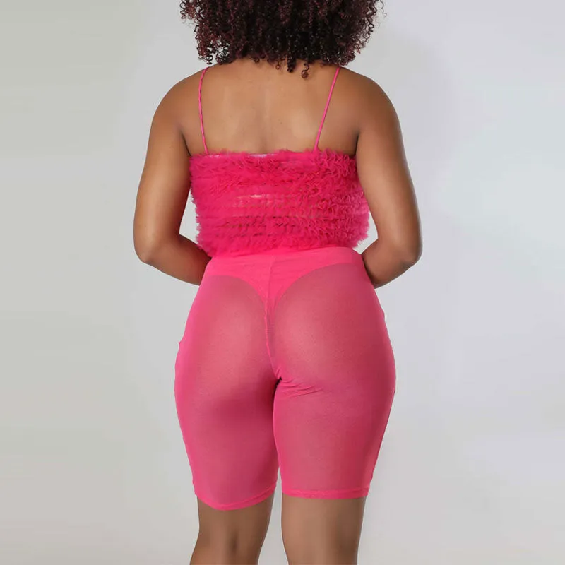 Solid Ruffles Spaghetti Strap Tube Top & Sheer Mesh Shorts Set
