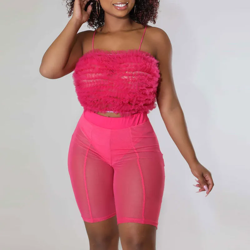 Solid Ruffles Spaghetti Strap Tube Top & Sheer Mesh Shorts Set