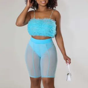 Solid Ruffles Spaghetti Strap Tube Top & Sheer Mesh Shorts Set
