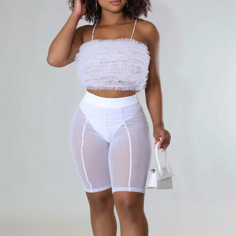 Solid Ruffles Spaghetti Strap Tube Top & Sheer Mesh Shorts Set