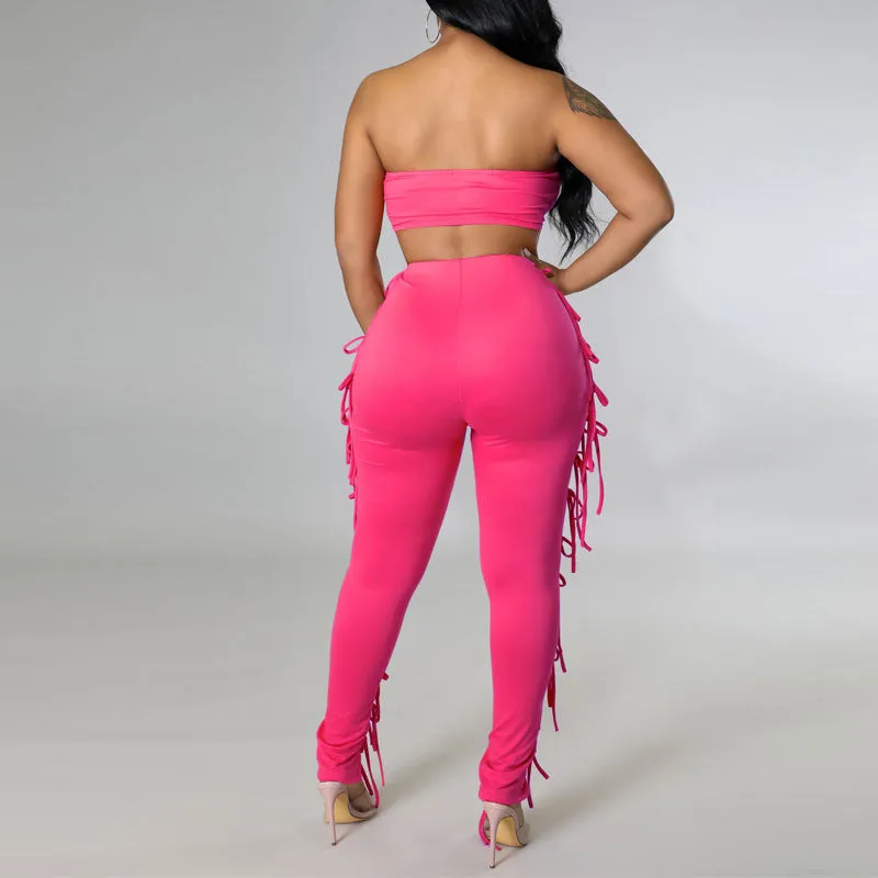 Solid Tube Top & Hollow Out Bandage Pants Set