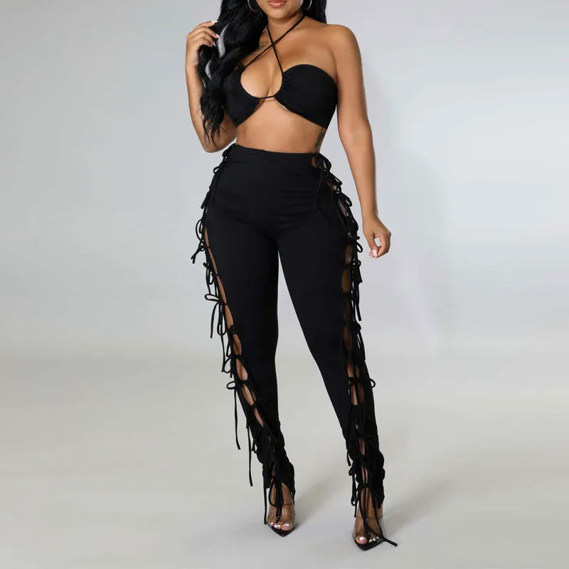 Solid Tube Top & Hollow Out Bandage Pants Set