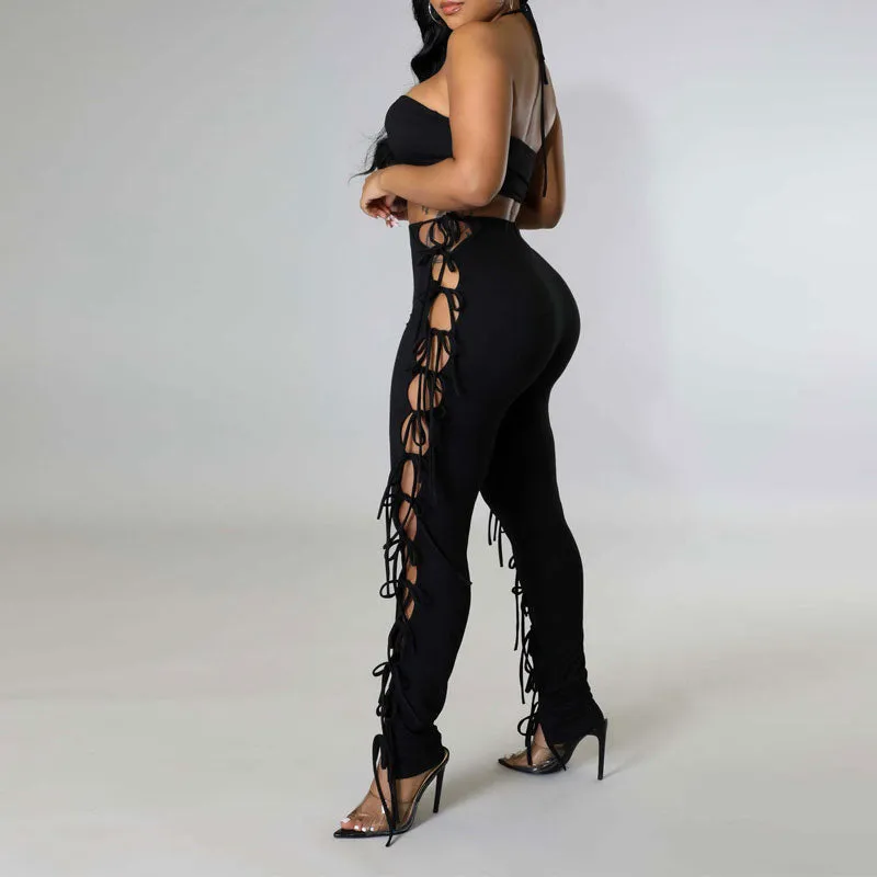 Solid Tube Top & Hollow Out Bandage Pants Set