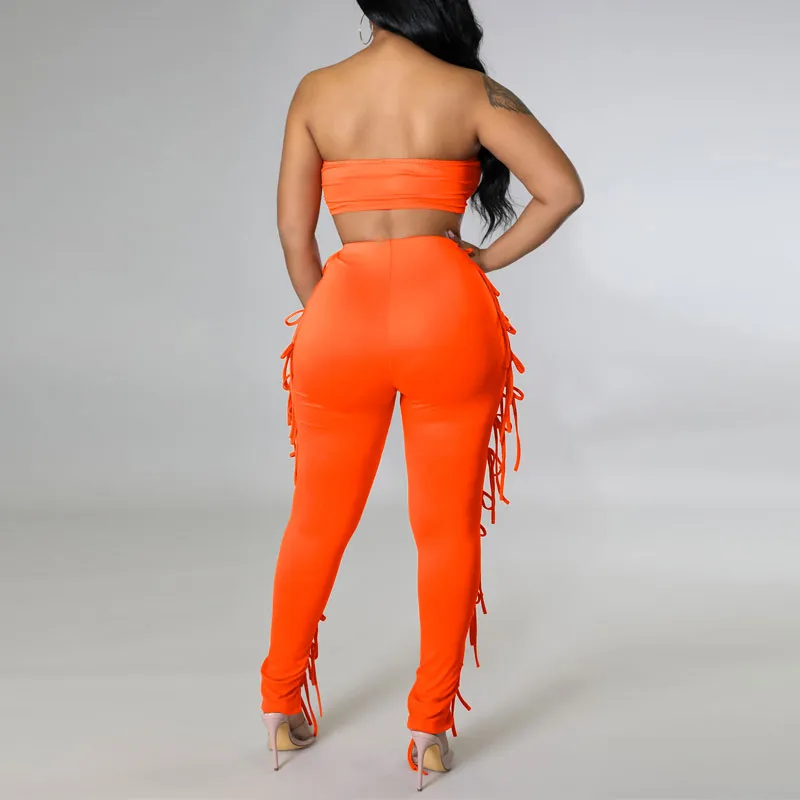 Solid Tube Top & Hollow Out Bandage Pants Set