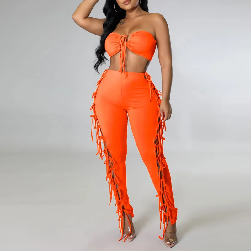 Solid Tube Top & Hollow Out Bandage Pants Set
