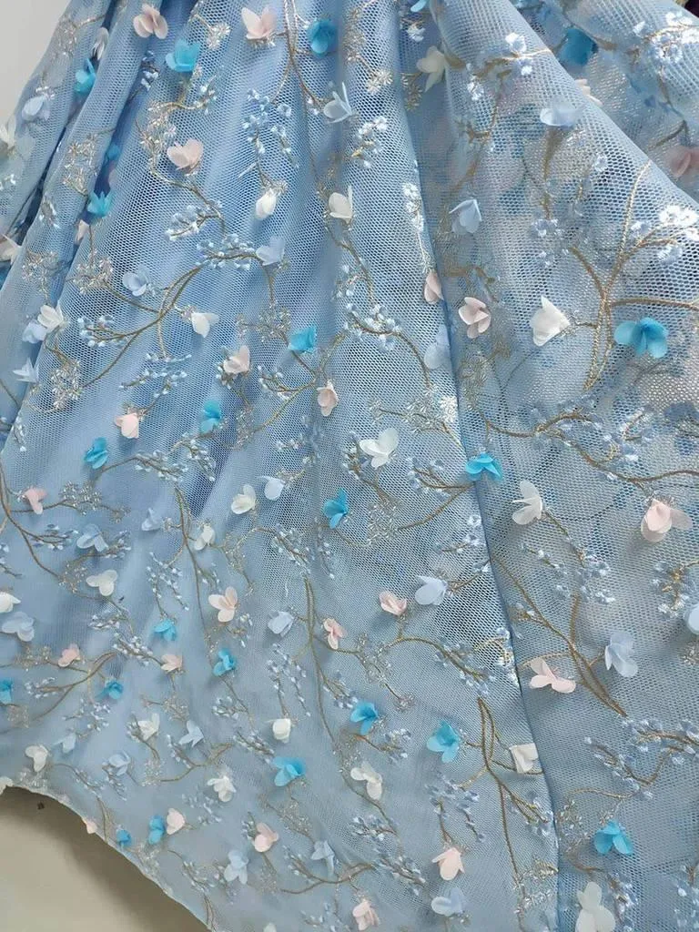 Spaghetti Strap 3D Flower Applique Sky Blue Prom Dresses Ball Gowns TP0820