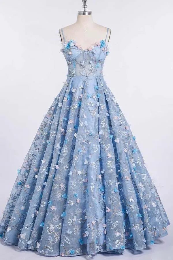 Spaghetti Strap 3D Flower Applique Sky Blue Prom Dresses Ball Gowns TP0820