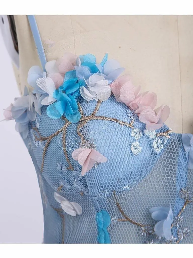 Spaghetti Strap 3D Flower Applique Sky Blue Prom Dresses Ball Gowns TP0820