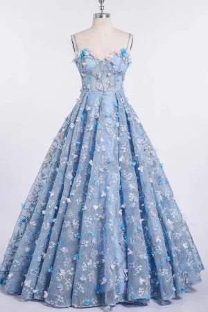 Spaghetti Strap 3D Flower Applique Sky Blue Prom Dresses Ball Gowns TP0820