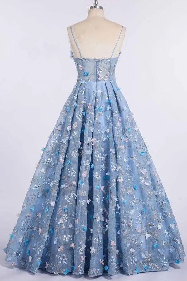 Spaghetti Strap 3D Flower Applique Sky Blue Prom Dresses Ball Gowns TP0820