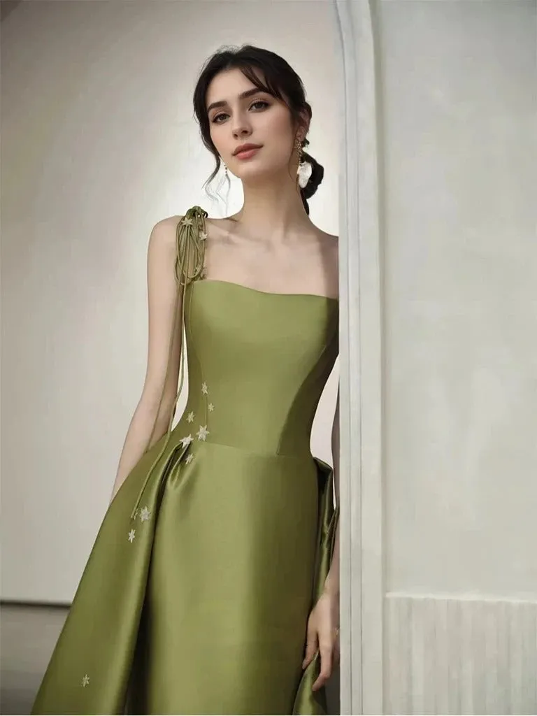 Spaghetti-straps 3D floral lace princess style satin long prom dress