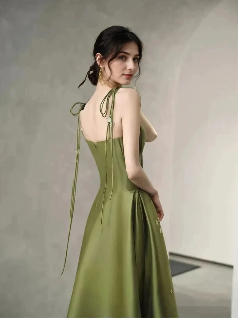 Spaghetti-straps 3D floral lace princess style satin long prom dress