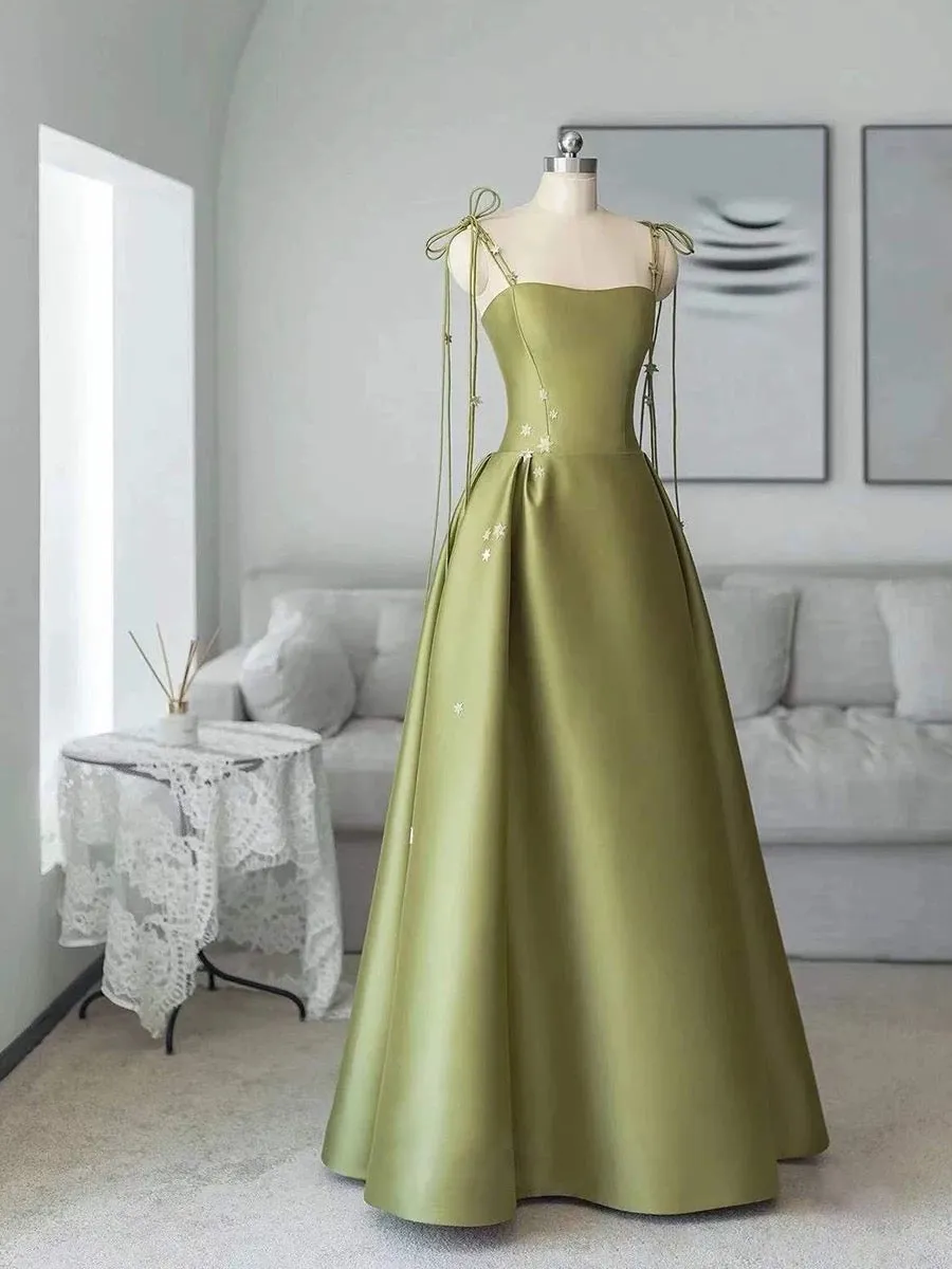 Spaghetti-straps 3D floral lace princess style satin long prom dress