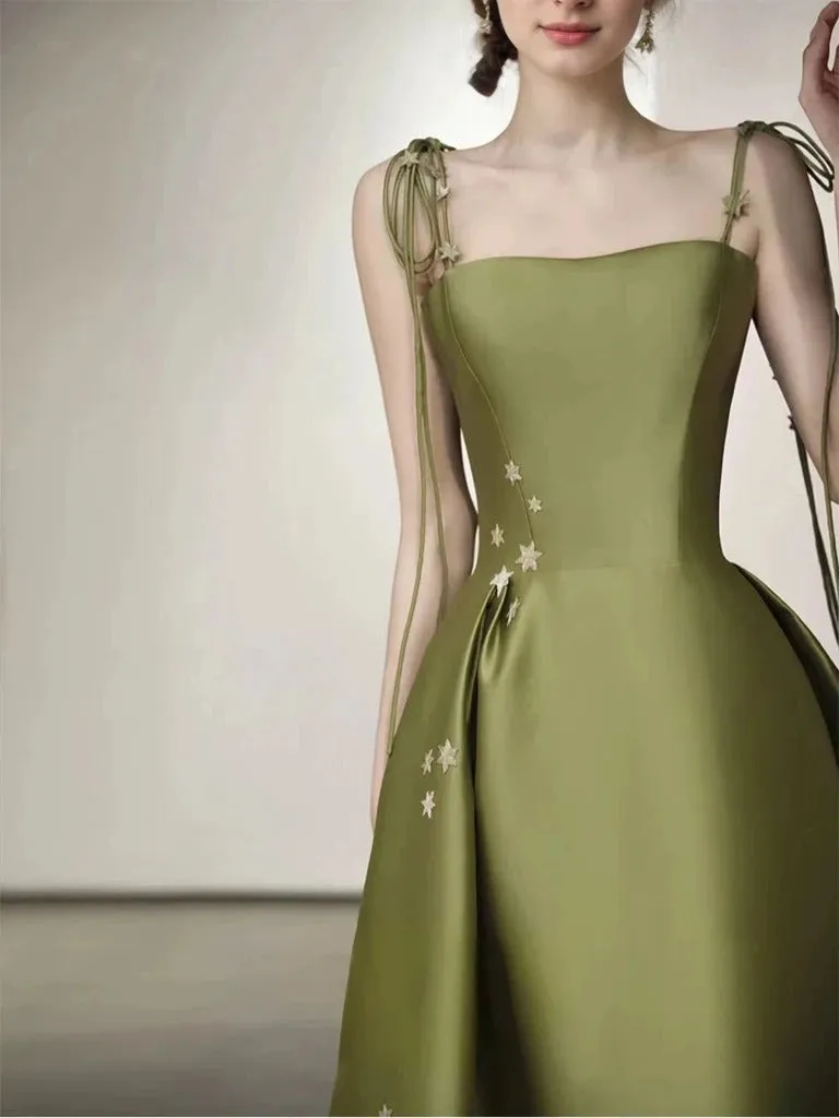 Spaghetti-straps 3D floral lace princess style satin long prom dress