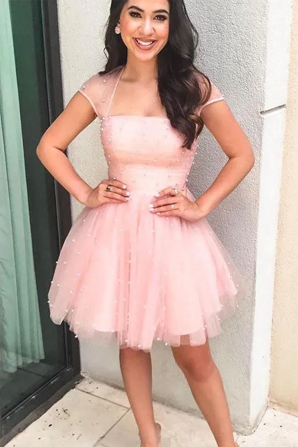 Sparkle Beaded Cap Sleeves Light Sky Blue Homecoming Dress HD0080