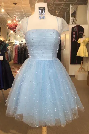 Sparkle Beaded Cap Sleeves Light Sky Blue Homecoming Dress HD0080