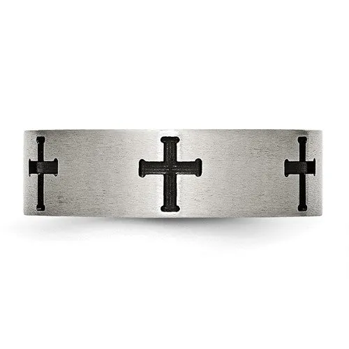 Stainless Steel Brushed Polished Black IP-plated Crosses 7mm Band